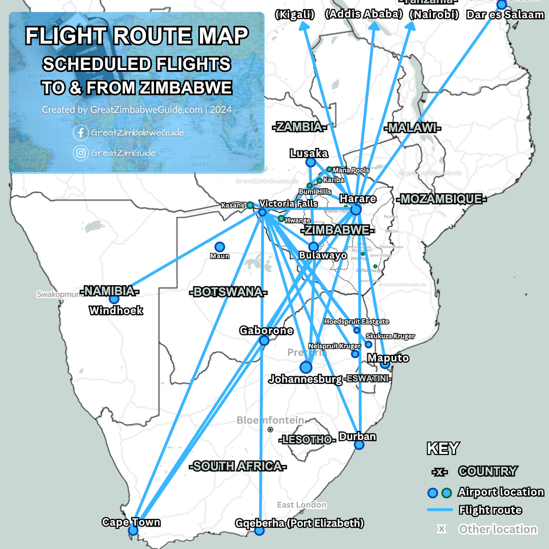 International flights to Zimbabwe route map Africa airlines guide 1080