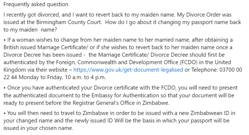 Zimbabwe Passport Application UK Divorced Name