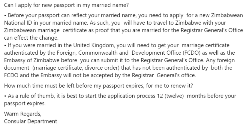 Zimbabwe Passport Application UK Married Name