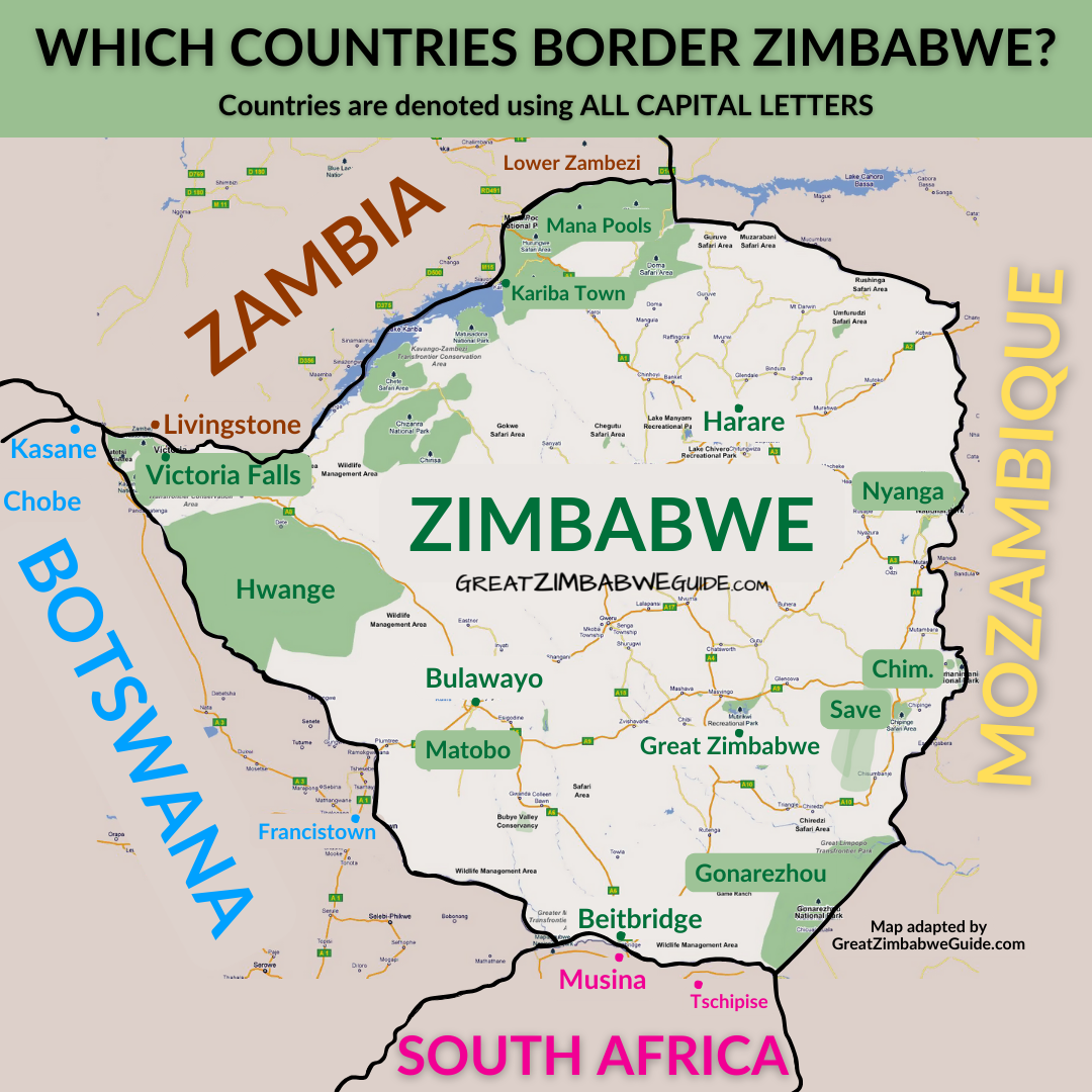 Zimbabwe map borders Zambia Botswana Victoria Falls South Africa